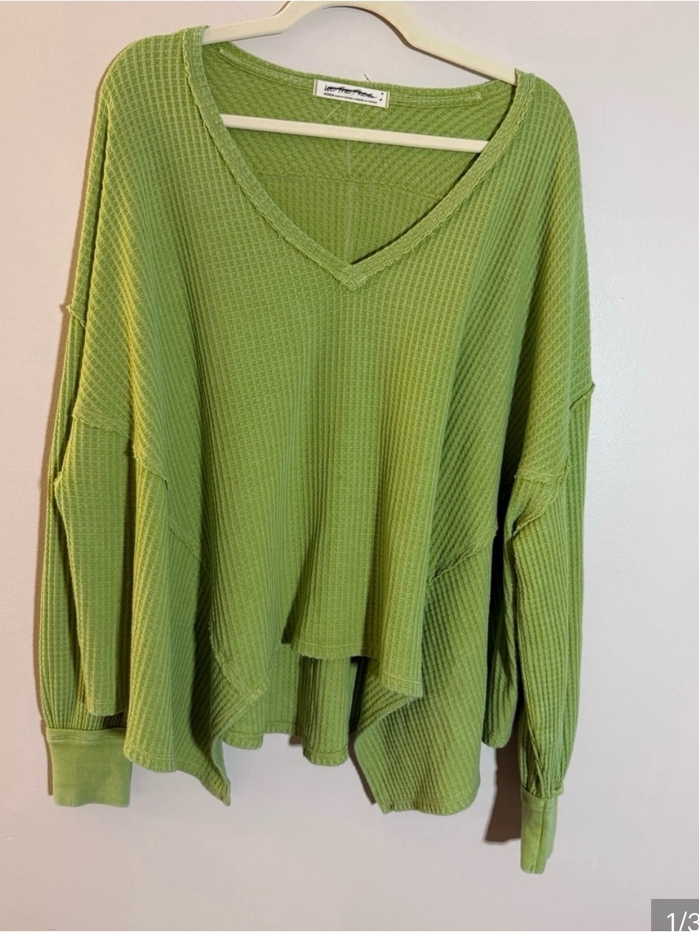 Free People Relaxed V-Neck Waffle Knit Sweater - Lime Green